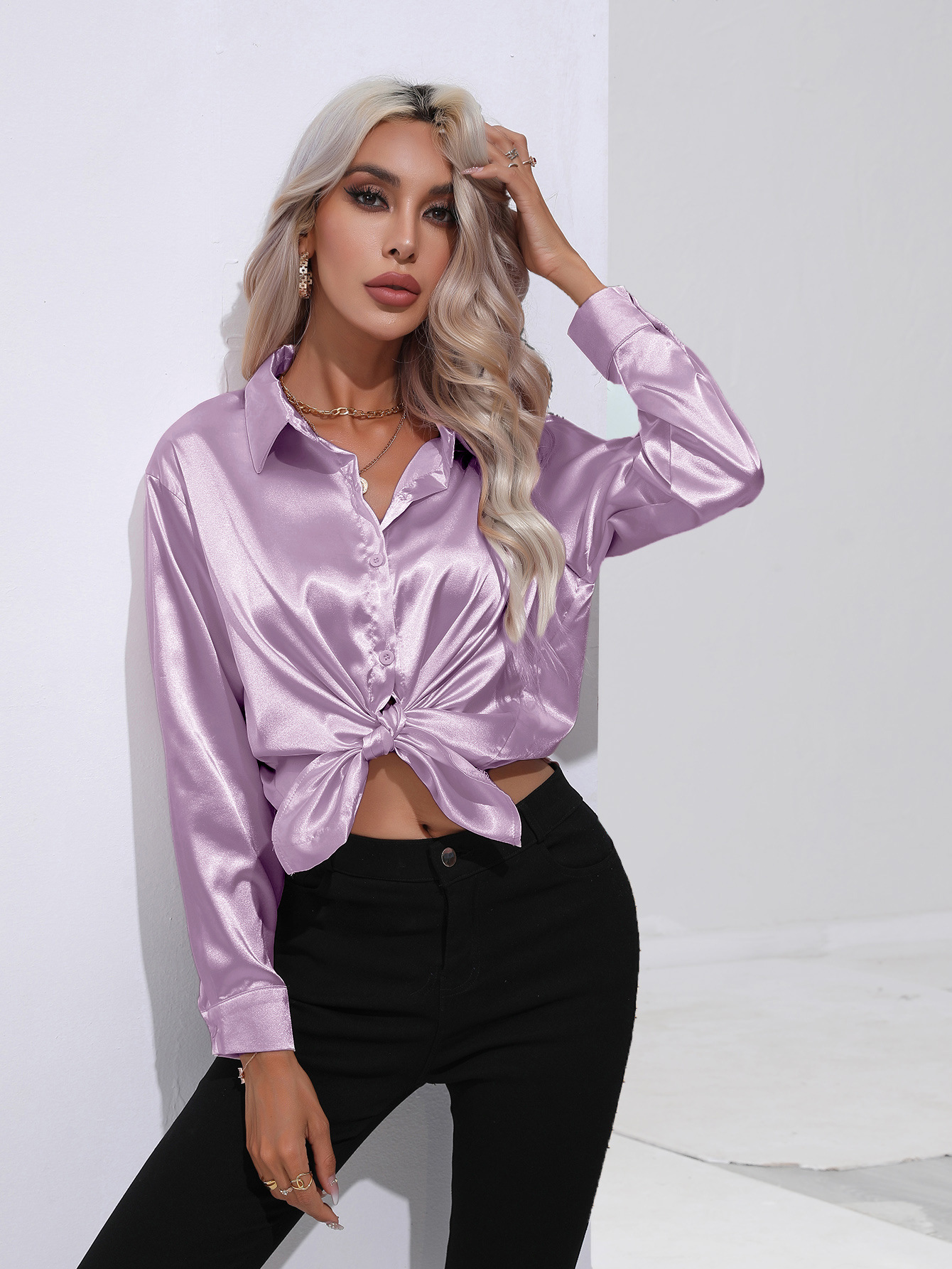 Chemise élégante en Satin Imitation soie pour femmes, manches longues, couleur unie, bureau, bouton à revers, vêtements pour femmes, automne/hiver, S-XXL