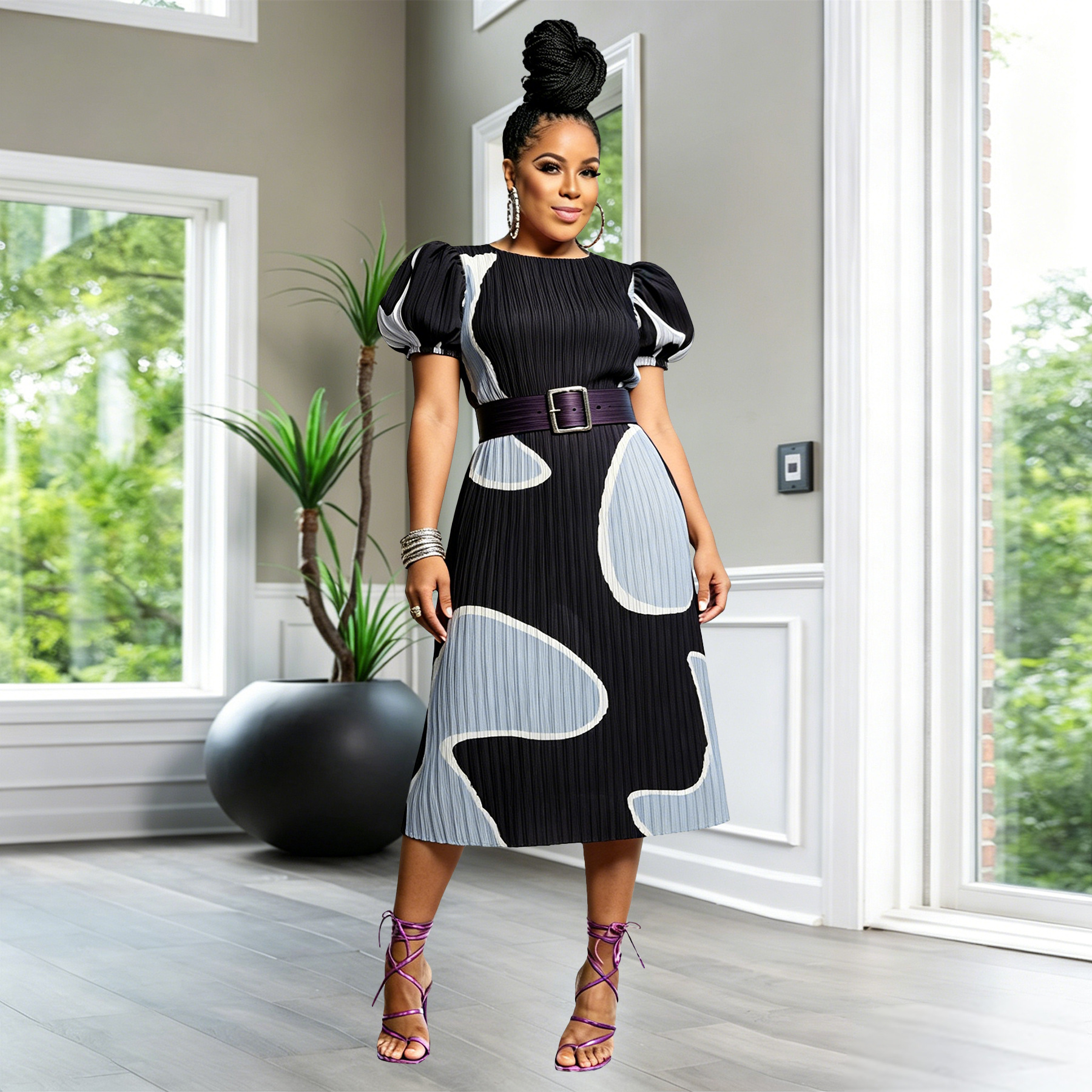 Robes africaines sans ceinture pour femmes, vêtements d'été africains, robe à manches courtes, robe sexy à col rond, robe midi, tenue de bureau, tenue de soirée
