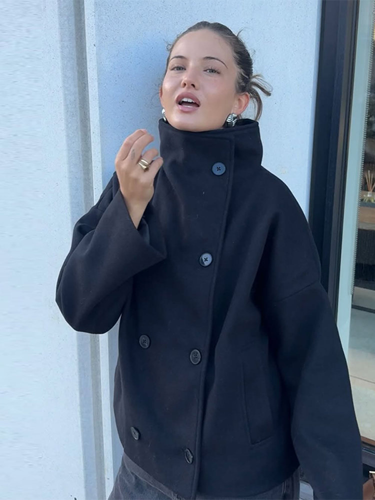 Manteau élégant pour femmes, col montant haut, manches longues, Double boutonnage, couleur unie, mode automne 2025, haut pour dame de rue