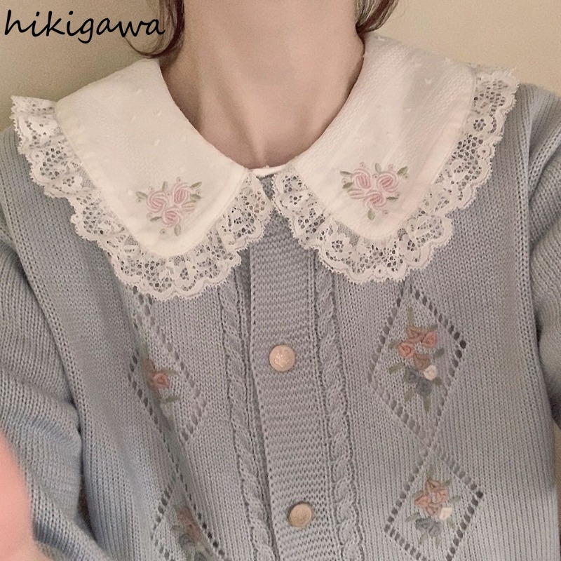 Chemises en coton avec broderie florale en dentelle pour femmes, chemisiers à col claudine, manches longues, vêtements doux, 2025