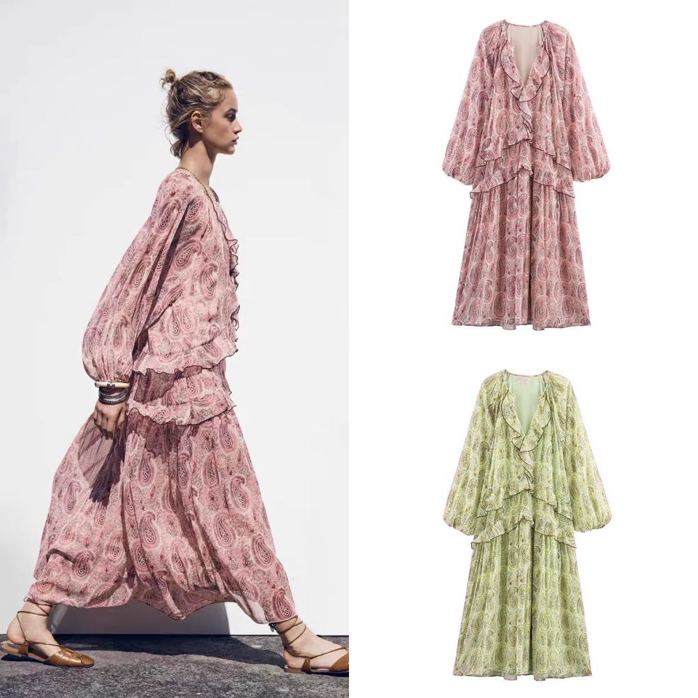 Robe MIDI d'été en mousseline de soie pour femmes, imprimé Vintage, col en v, volants en cascade, manches longues, vêtements de rue élégants, 2025