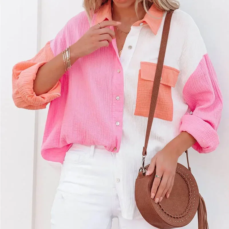 Personnalisé mode femmes nouvelle chemise Patchwork élégant trajet contraste revers boutons Cardigan Streetwear dames Blouses décontractées
