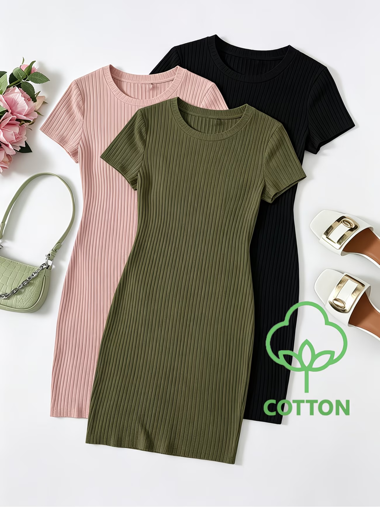 Lot de 3 Robes Décontractées Unies à Manches Courtes - Ensemble de Robes Débardeurs en Coton Côtelé Ajustées Multi-Occasions pour Tenues Quotidiennes