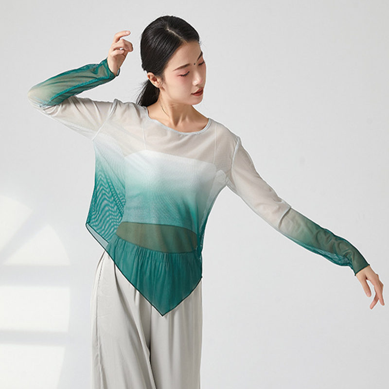 Chemisier en maille de gaze à manches longues pour femmes, haut de danse classique, costume de pratique moderne, ourlet coudé, t-shirt décontracté, document nickel é