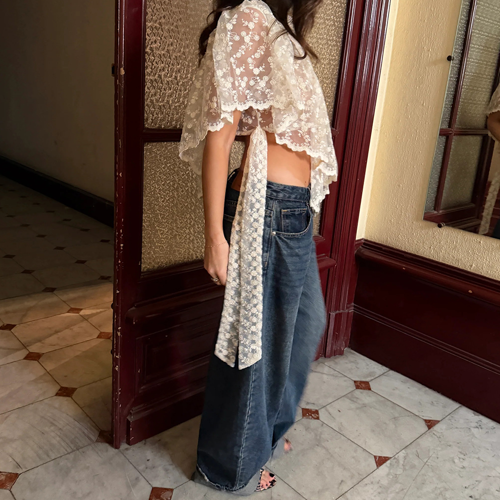T-shirts d'été pour femmes, style Kawaii Grunge, en dentelle, broderie florale, Coquette, sexy, transparents, à volants irréguliers, manches flottantes, coupe ample