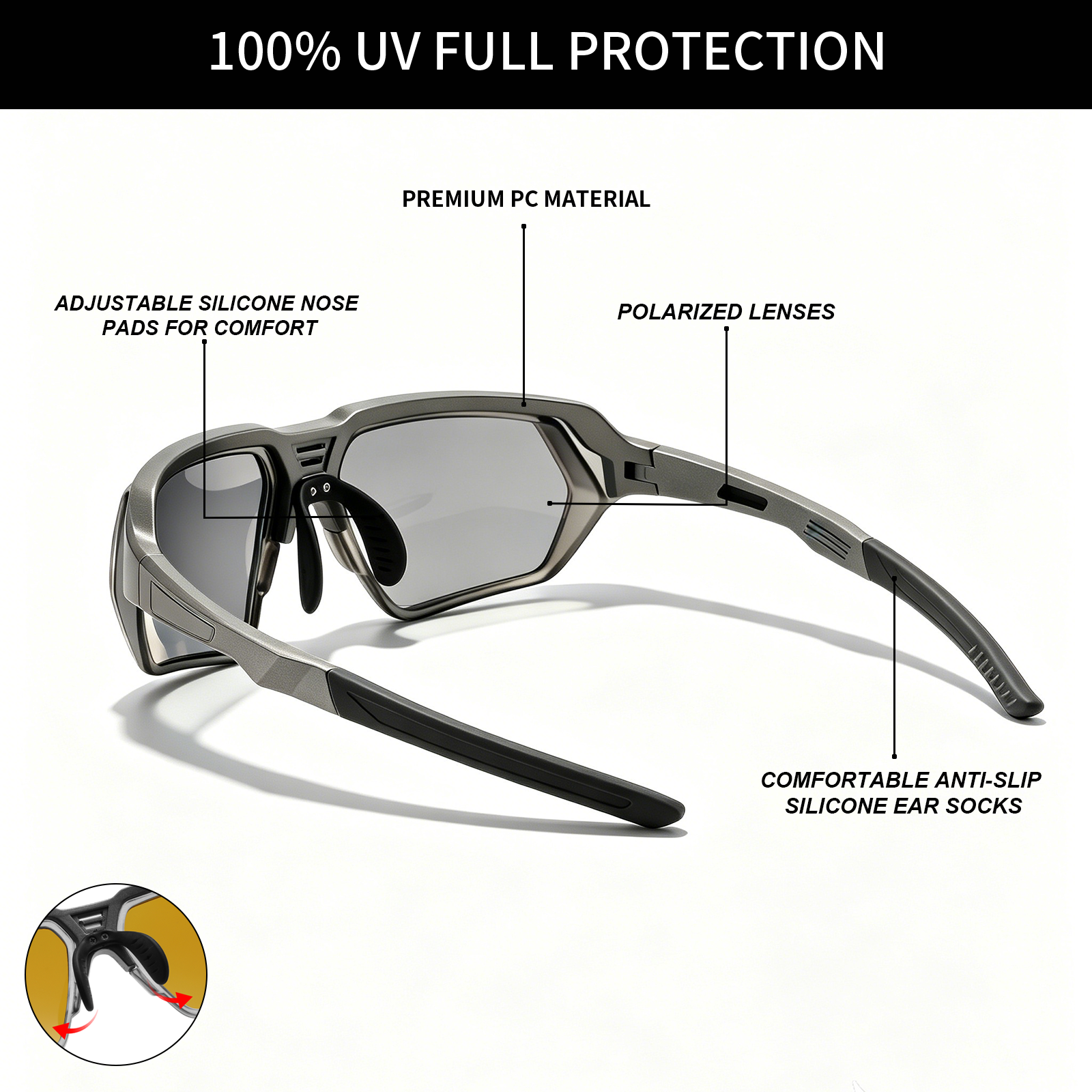 Nouvelles lunettes de soleil polarisées pour hommes - Verres bleus miroir teintés jaunes, plaquettes de nez réglables, protection UV400 pour les jours ensoleillés et nuageux, conduite