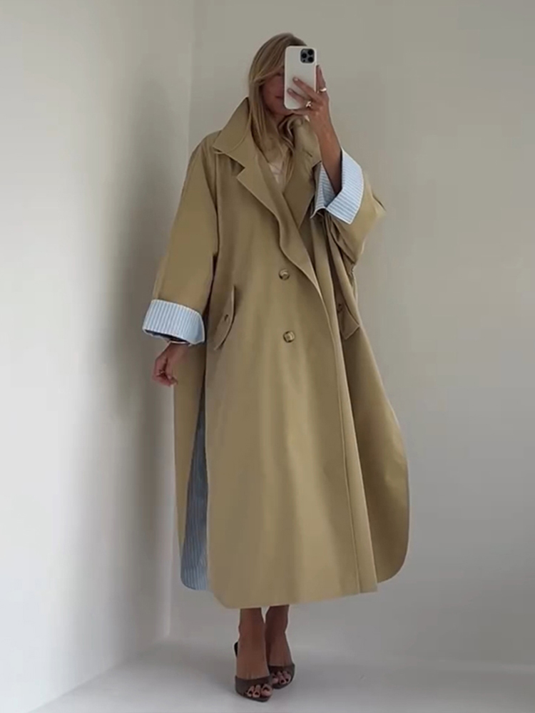 Manteau long décontracté uni pour femme, coupe ample, manches longues, à simple boutonnage, col montant, style patchwork, veste d'automne 2026 pour femme.