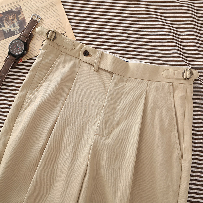 Pantalon décontracté pour homme en tissu mélangé, coupe droite décontractée, couleur kaki clair, avec bouton parisien, en coton.