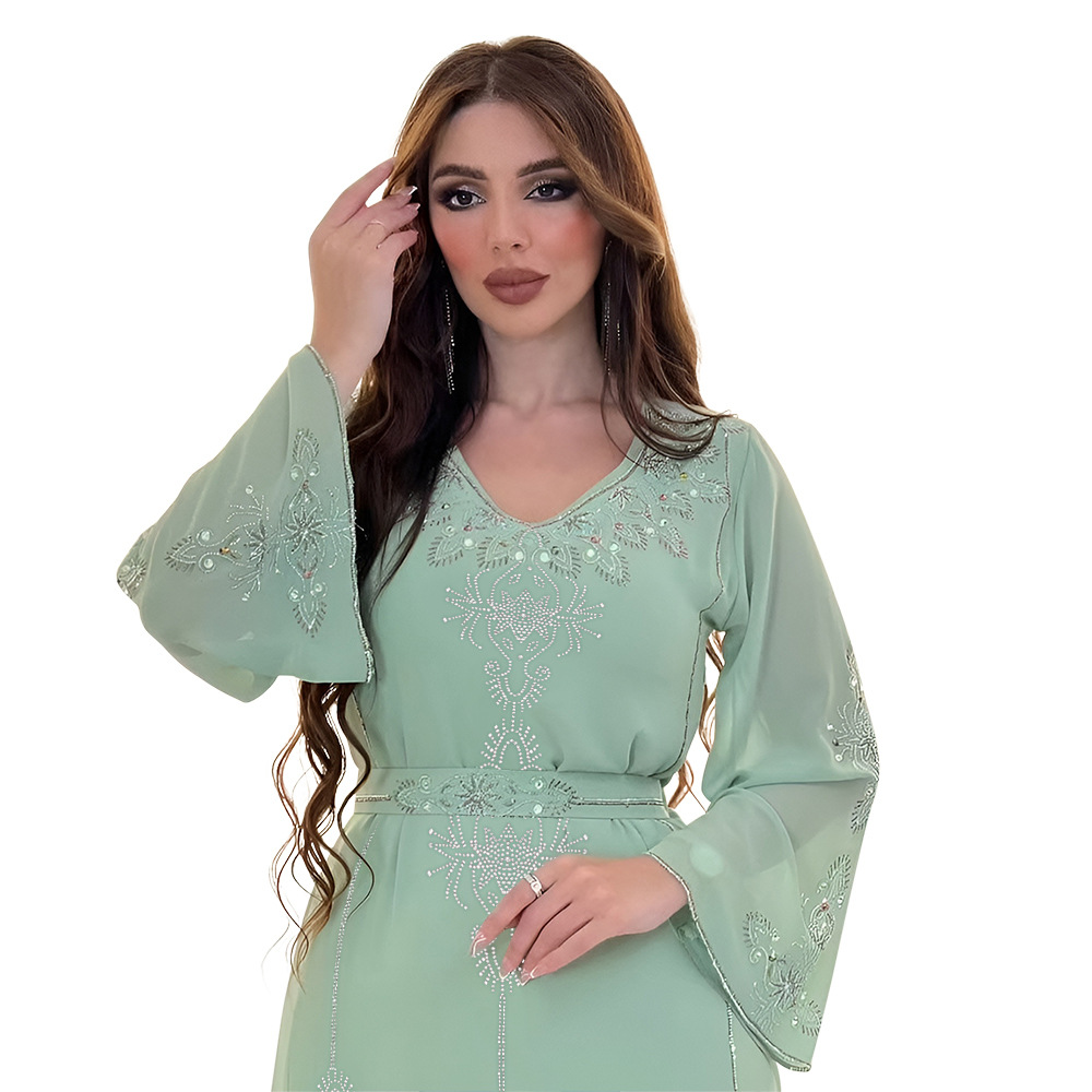 Abaya musulman en Polyester pour femmes, élégant, Orange, bleu, rose, vert, manches longues, col en v, été