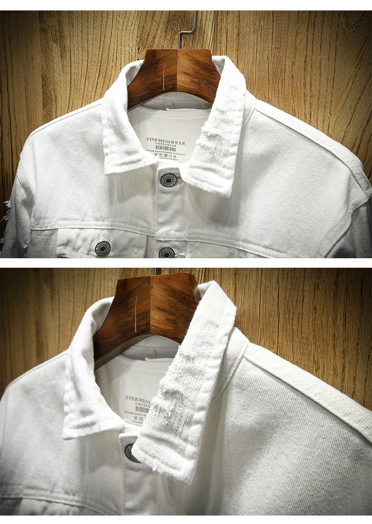 Nouvelle Veste en Jean Homme Printemps-Automne Coupe Slim en Coton Denim Blanche Déchirée avec Trous Manteau Jean Homme Vêtement d'extérieur Jeunesse Homme 6XL