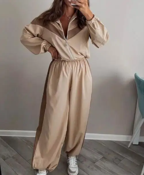 Tenues décontractées pour femmes, ensembles deux pièces, cardigan sport à manches longues contrastées et pantalon, ensemble de style streetwear pour vêtements féminins
