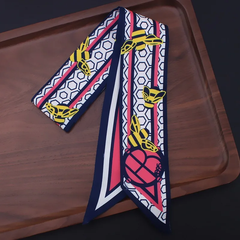 Écharpe fine d'été de luxe pour femme, motif abeille géométrique, en soie sergé, pour cheveux ou sac, à nouer comme foulard ou bandeau