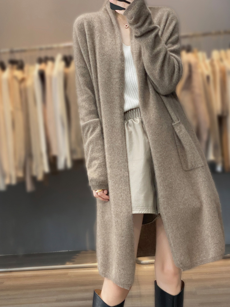 Cardigan en laine mérinos marron pour femme, collection automne-hiver 2026, tricoté, à manches longues, ample, chaud, style coréen, pour Noël