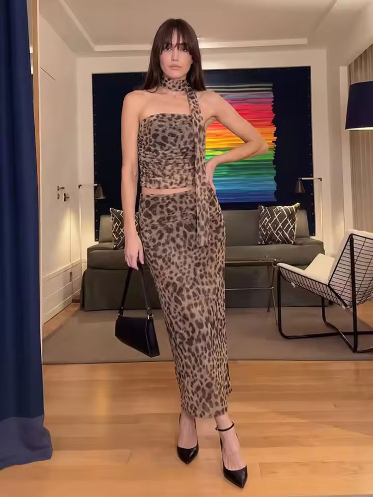 Ensemble jupe midi imprimée léopard HH pour femmes, nouvelle mode, corsets, haut, costume pour femmes, ensemble 2 pièces, tenue pour femmes, streetwear
