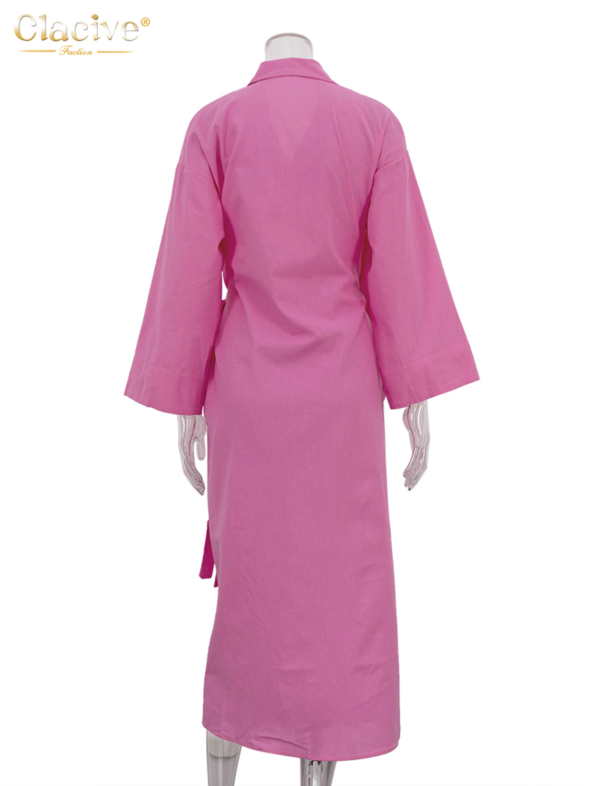 Clacive décontracté ample rose coton robe dames mode revers à manches longues cheville longueur robe élégante à lacets robes pour les femmes