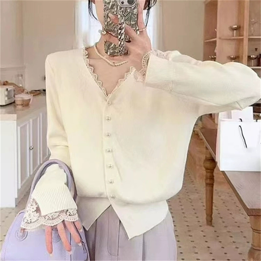 Femmes vêtements automne hiver mode bouton dentelle Patchwork couleur unie tricot femme mince col en v pull Cardigan vêtements hauts