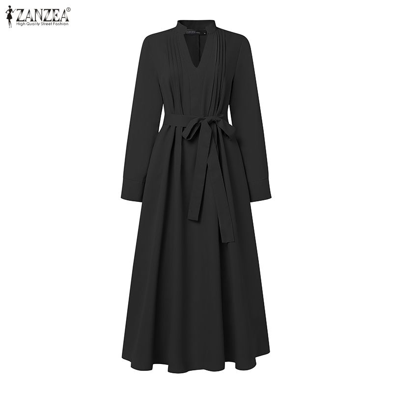 ZANZEA Robe longue maxi tendance pour femme, col montant, manches longues, froncée, taille nouée, coupe trapèze, pour le bureau et le travail