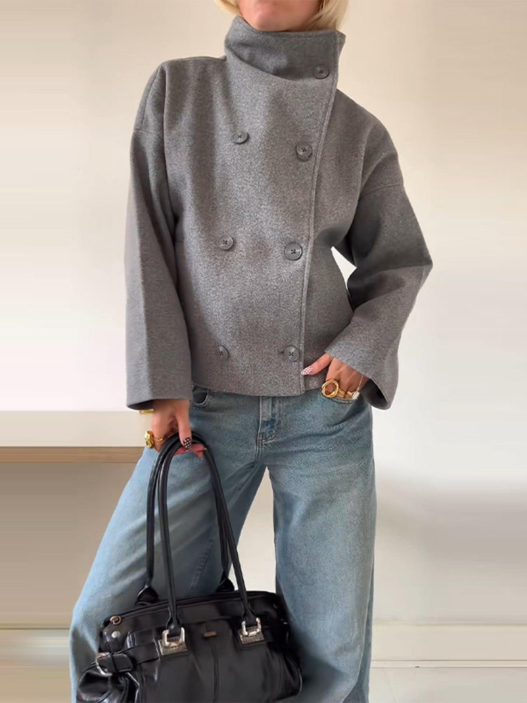 Manteau élégant pour femmes, col montant haut, manches longues, Double boutonnage, couleur unie, mode automne 2025, haut pour dame de rue