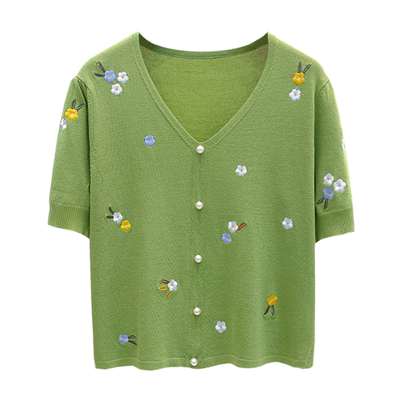 T-shirt femmes 2025 été col en v coton pull femmes broderie décontracté hauts fleur femmes vêtements t-shirts mince tricot pull