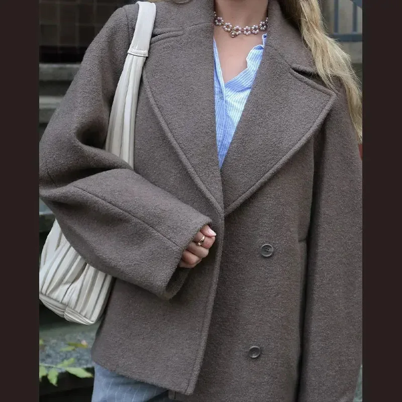 Manteau en laine à Double boutonnage pour femme, veste Blazer courte à revers, manches longues, élégante, couleur unie, chaude, ample, vêtements d'extérieur, mode automne hiver