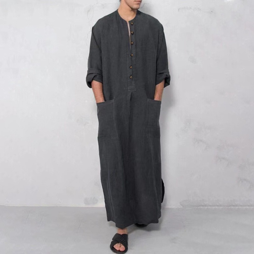 Thobe pour hommes du Moyen-Orient, style Dubaï, col montant ample, manches longues, robe traditionnelle islamique