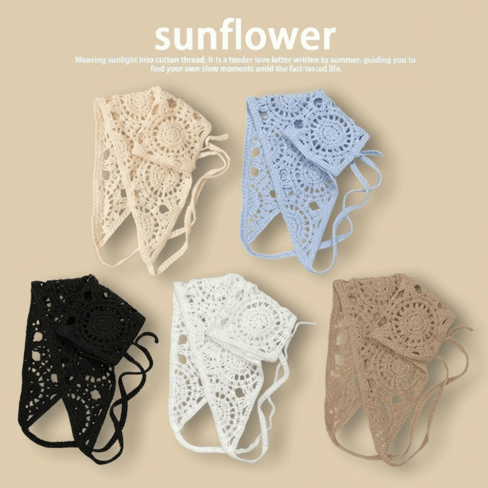 Foulard triangulaire uni en crochet ajouré fait main, bandeau en maille transparente, foulard rétro tricoté tendance pour femme