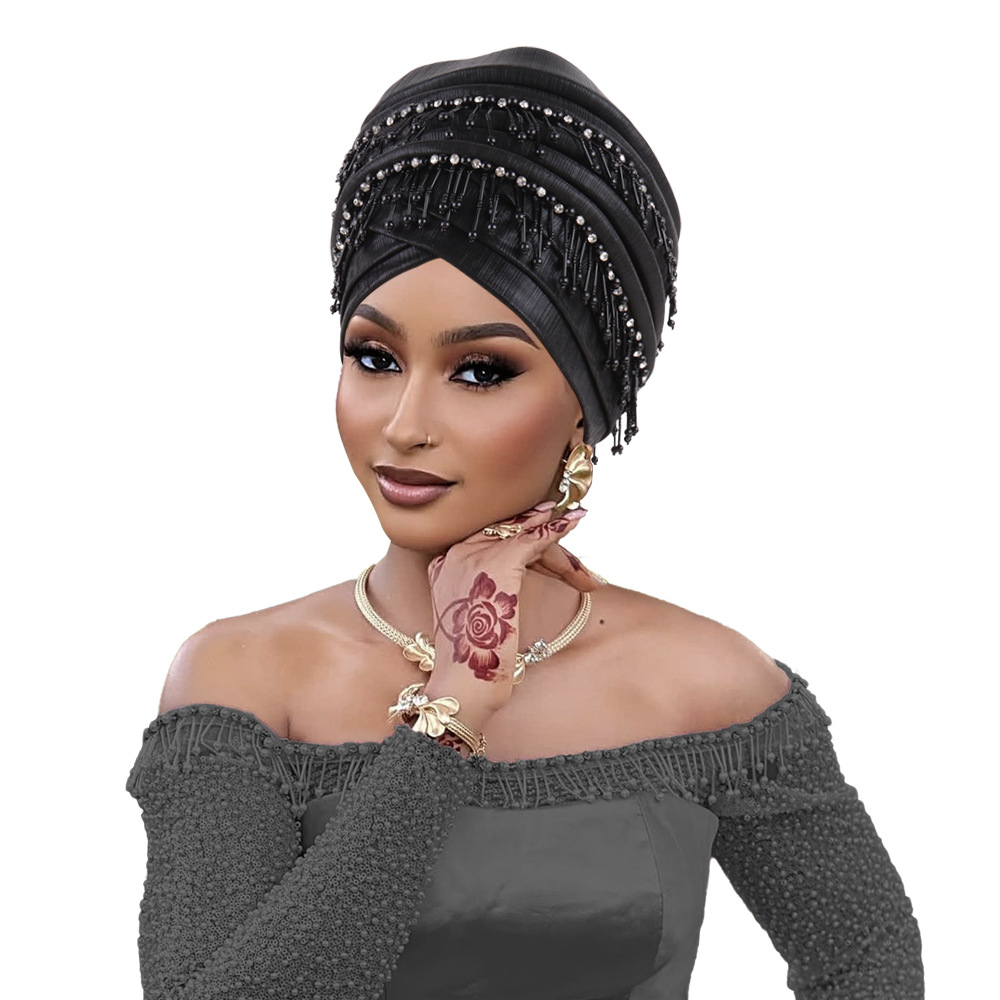 Casquette Turban à la mode pour femmes, bandeau de dame africaine avec pompons de perles, chapeau de fête de mariage du Nigeria