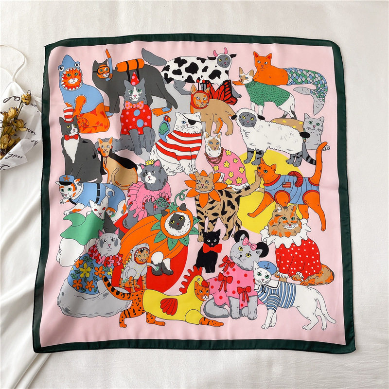 Écharpe carrée légère imprimée pour femme, cache-cou motif chat floral mignon, bandana coupe-vent, bandeau pour cheveux, foulard en soie pour femme