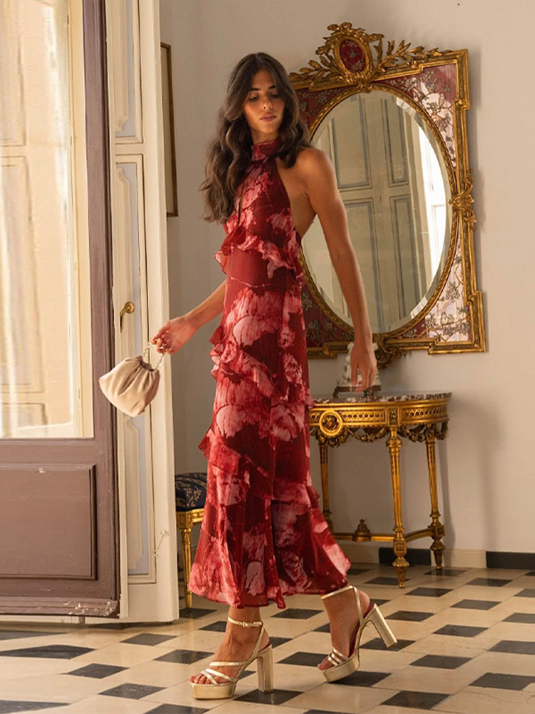 Robes décontractées pour femmes, robe maxi à bretelles florales, détail de volants superposés, robe élégante pour les vacances et les soirées, vêtements féminins, vêtements de plage