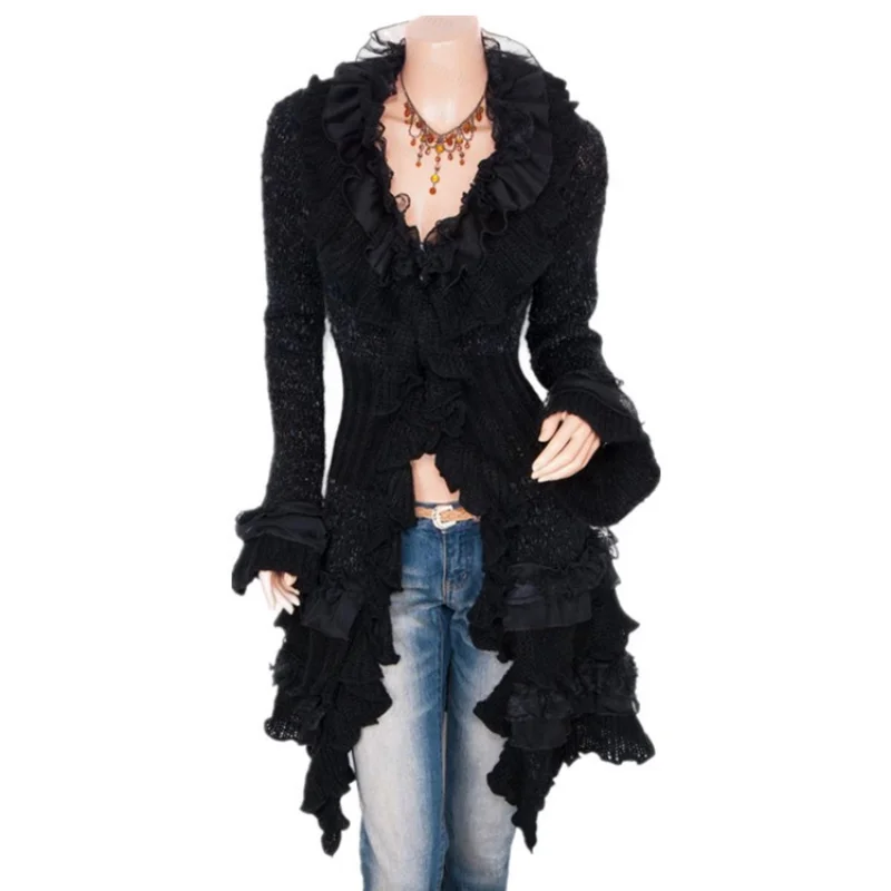 Cardigan long en tricot pour femme, veste mi-longue, manches évasées, dentelle à boutonnage simple, vintage