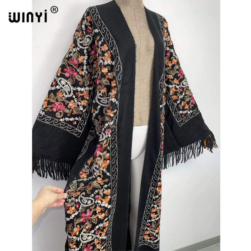 WINYI hiver femmes gland Pashmina broderie Long manteau ample revers robe femme épais chaud taille libre moyen-orient femme KIMONO