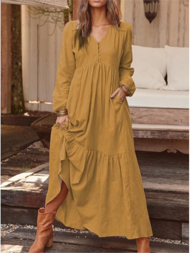 Robe longue en coton et lin pour femmes, Style Vintage, décontractée, col en V, manches longues, ample, Maxi, vêtements élégants pour femmes
