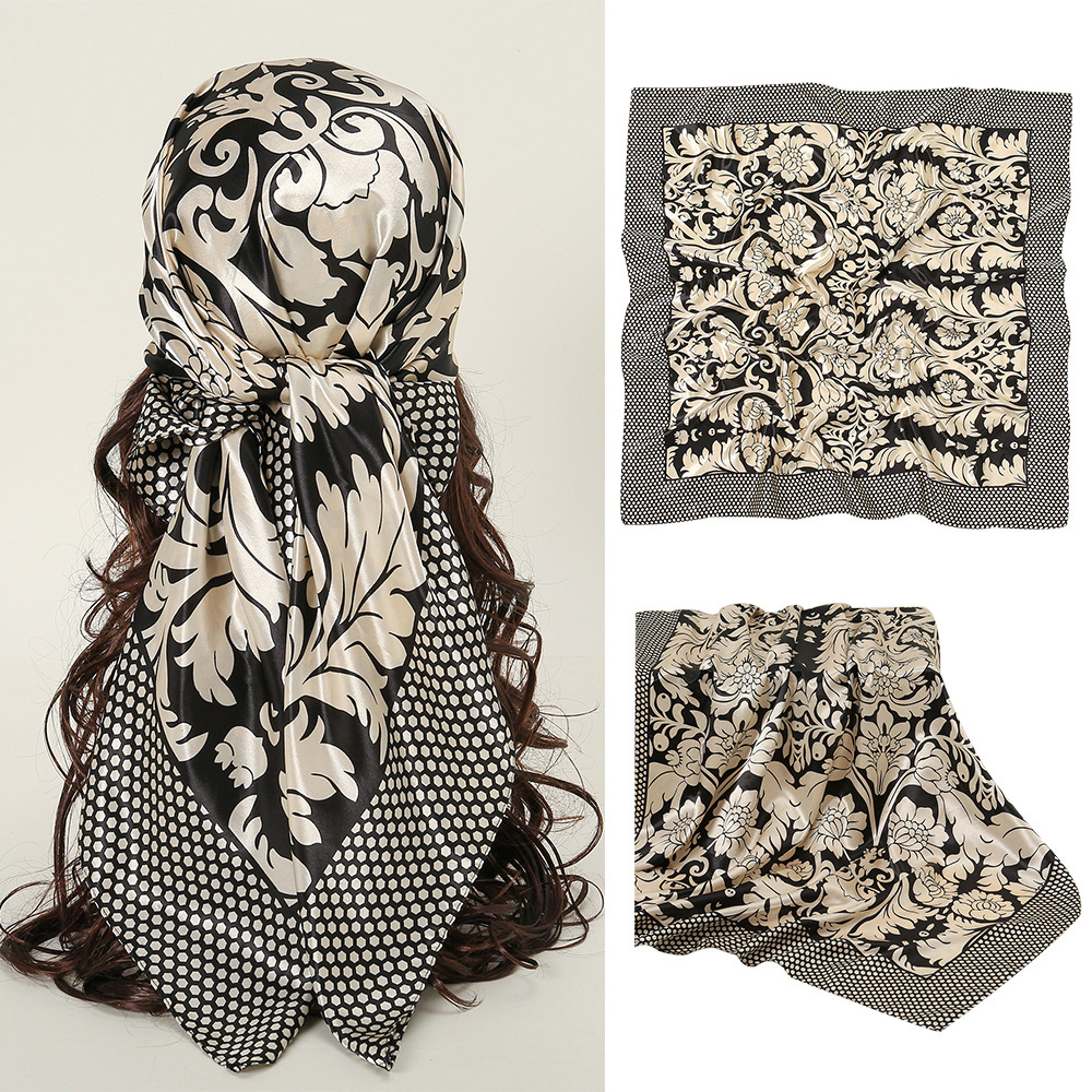 Foulard Carré Imprimé en Satin pour Femme, Châle Rond Hijab, Bandeau de Sauna, Bandana, 90x90cm