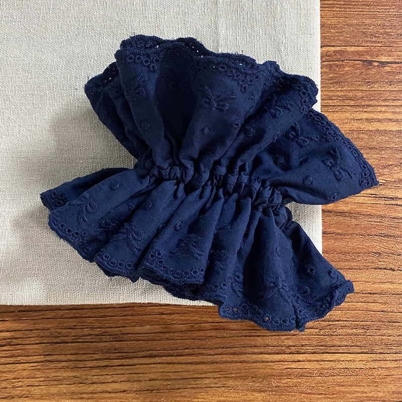 Chouchou en coton à quatre couches avec nœud brodé bleu marine, style Ballet, attache de cheveux littéraire et élégante pour coiffures de chignon, 1 pièce