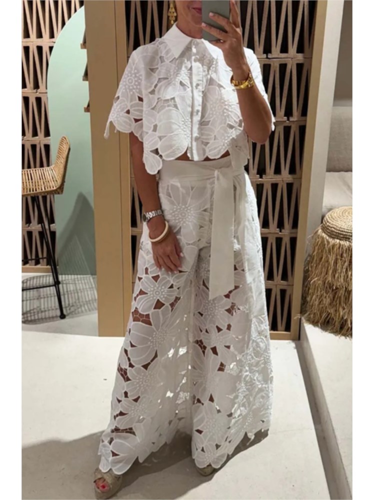 Ensembles élégants pour femmes, chemise creuse en dentelle, haut court + pantalon à jambes larges, ensemble deux pièces, costumes pour femmes, ensembles de couleur unie à la mode
