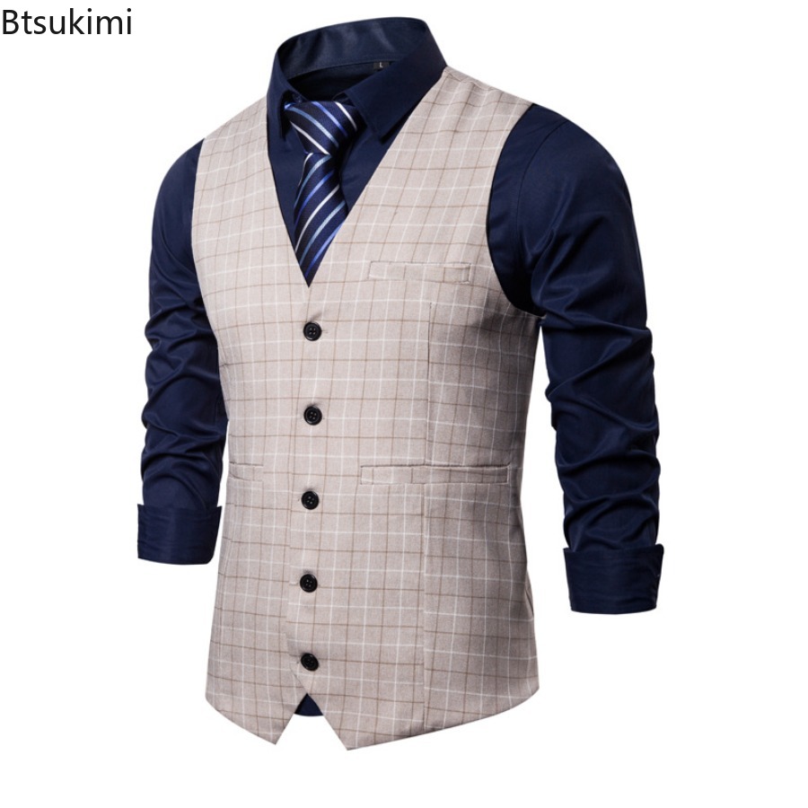 Gilet de Costume Tendance 2026 pour Hommes – Gilet Habillé Slim à Carreaux, Col V Vintage, Sans Manches, Idéal pour Mariage, Fête, Cérémonie – Gilet Formel pour Gentlemen