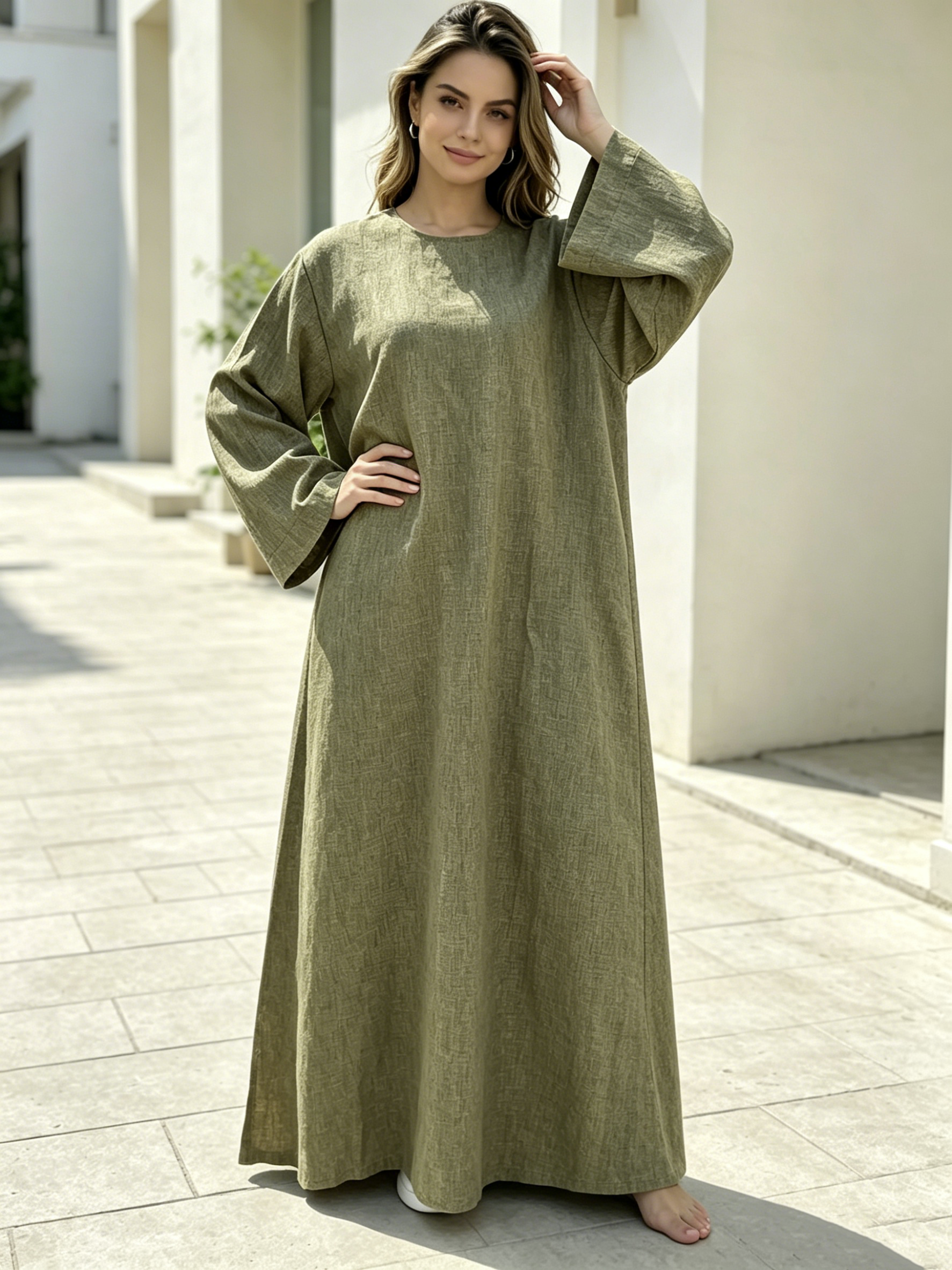 Robe longue de style kaftan, ample, à manches longues, de couleur unie, à col rond, idéale pour le Ramadan, élégante et décontractée, pour femmes.
