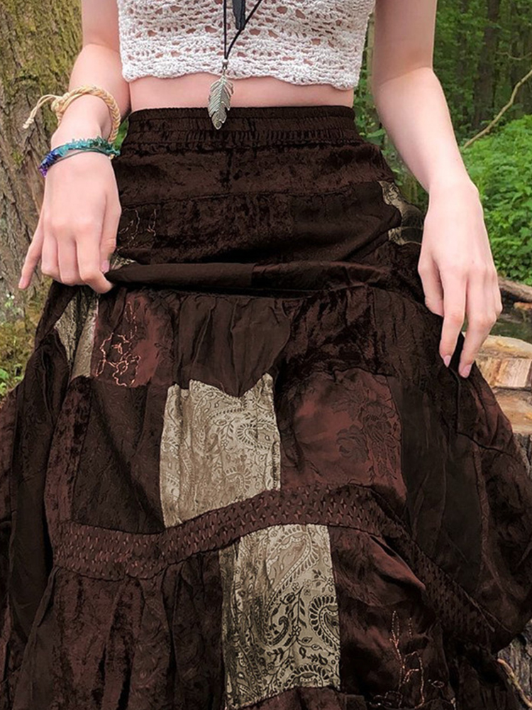 Jupes longues plissées marron pour femmes, jupes de fête mignonnes, imprimé Boho Grunge, jupes rétro Fairycore, vacances Kawaii, élégantes