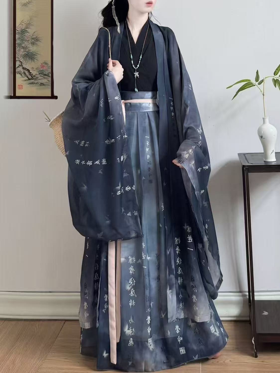 Robe Hanfu originale pour femmes, Costume traditionnel de la période Weijin, chemise confortable en mousseline de soie à manches longues, ensemble jupe, Costume de danse sur scène