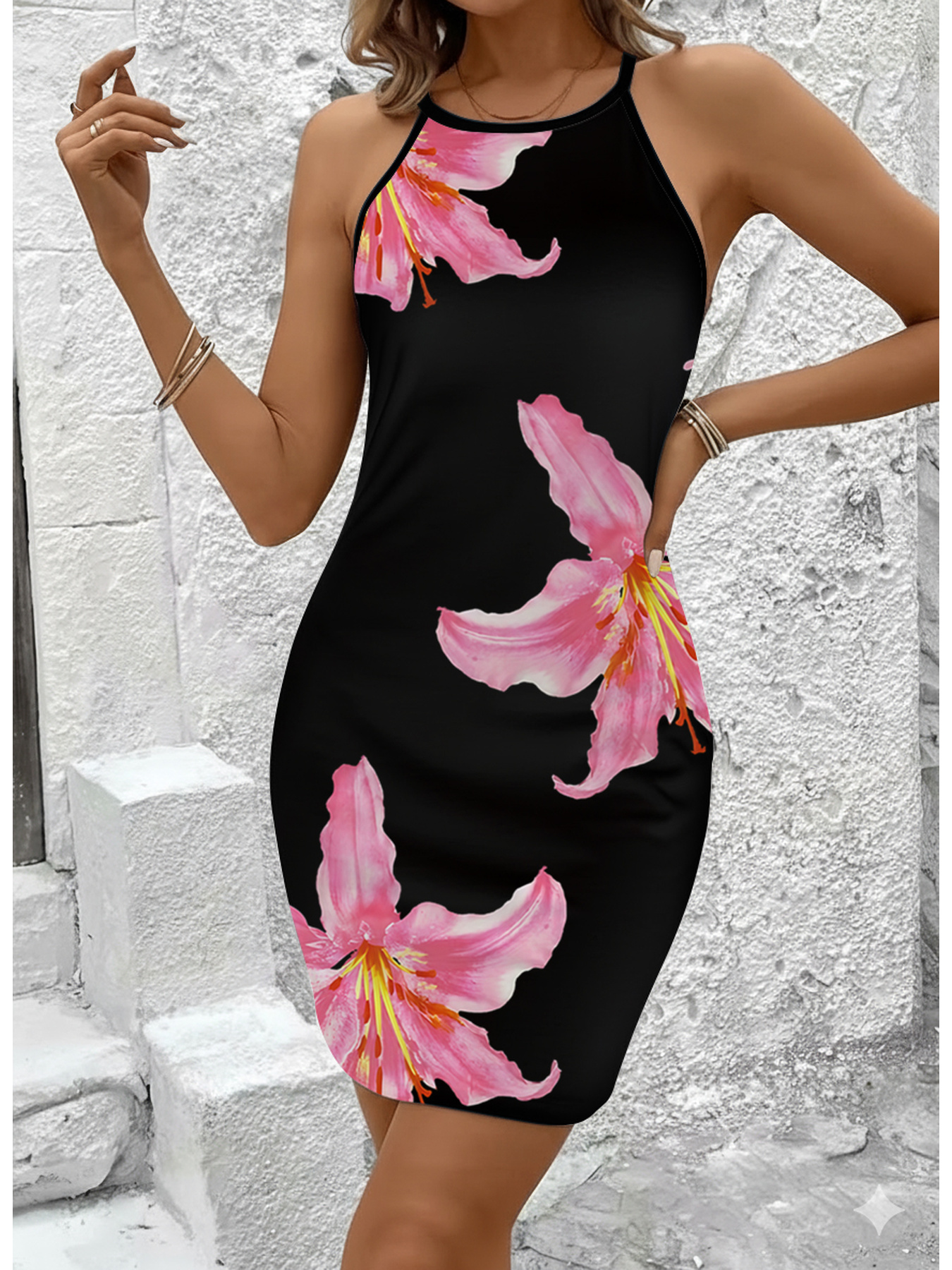 Robe d'été décontractée et élégante pour femmes, imprimé floral, col rond, sans manches, jupe mi-longue