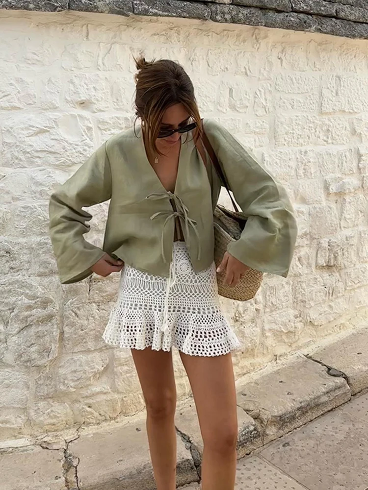 Chemises à lacets avec nœud pour femmes, lin, évider, col en V, manches longues, lin chic, mode coréenne pour dames, streetwear de printemps, Y-2024