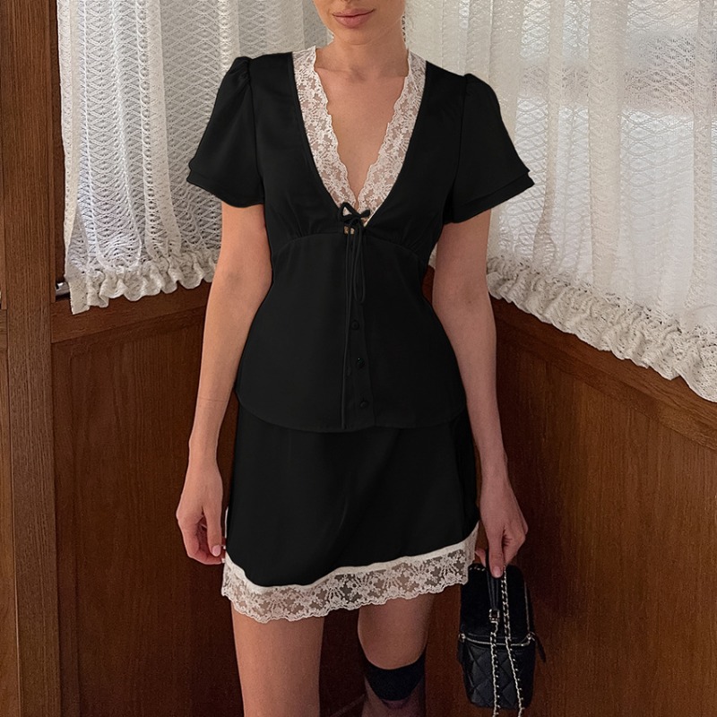 Ensemble 2 Pièces en Satin et Dentelle pour Femme, Col V, Manches Courtes, Haut à Lacets et Mini-Jupe, Nouvelle Collection 2026, Tenue de Soirée et de Vacances