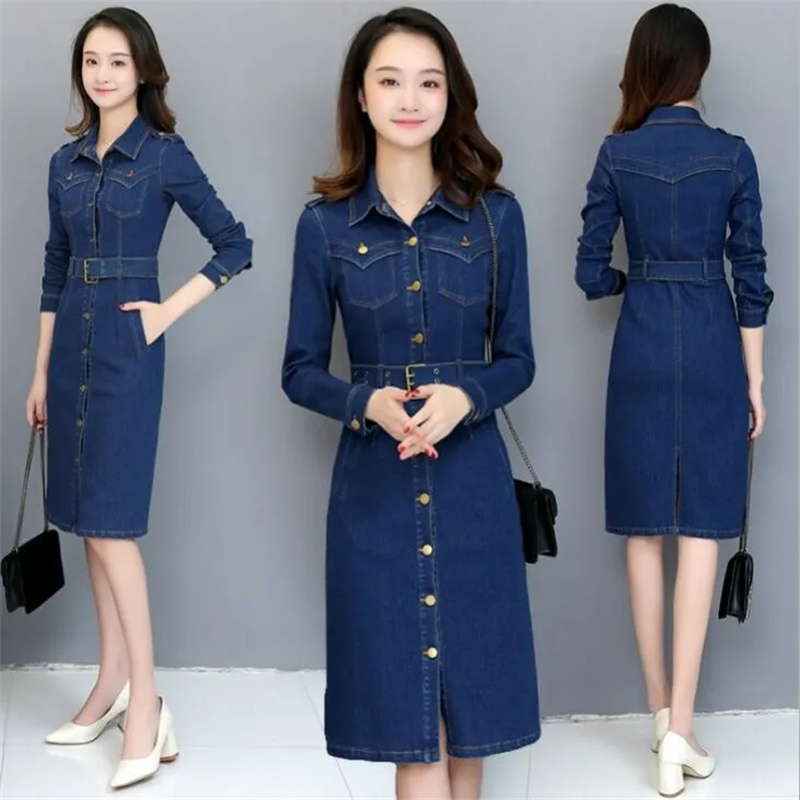 Robe en jean à simple boutonnage, nouvelle collection Printemps-Automne 2026, pour femme, coupe ajustée, manches longues, longueur mi-longue, effet amincissant et drapé sur les hanches