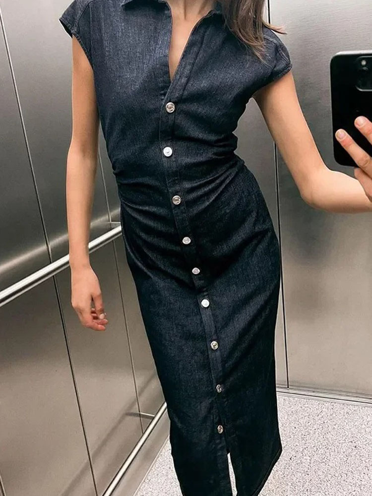FSMG Nouvelle Robe en Jean Unie à Col Revers et Boutonnage Simple, Élégante, Sans Manches, Plissée, Coupe Ajustée, pour Femme de Bureau, Vêtements Tendance