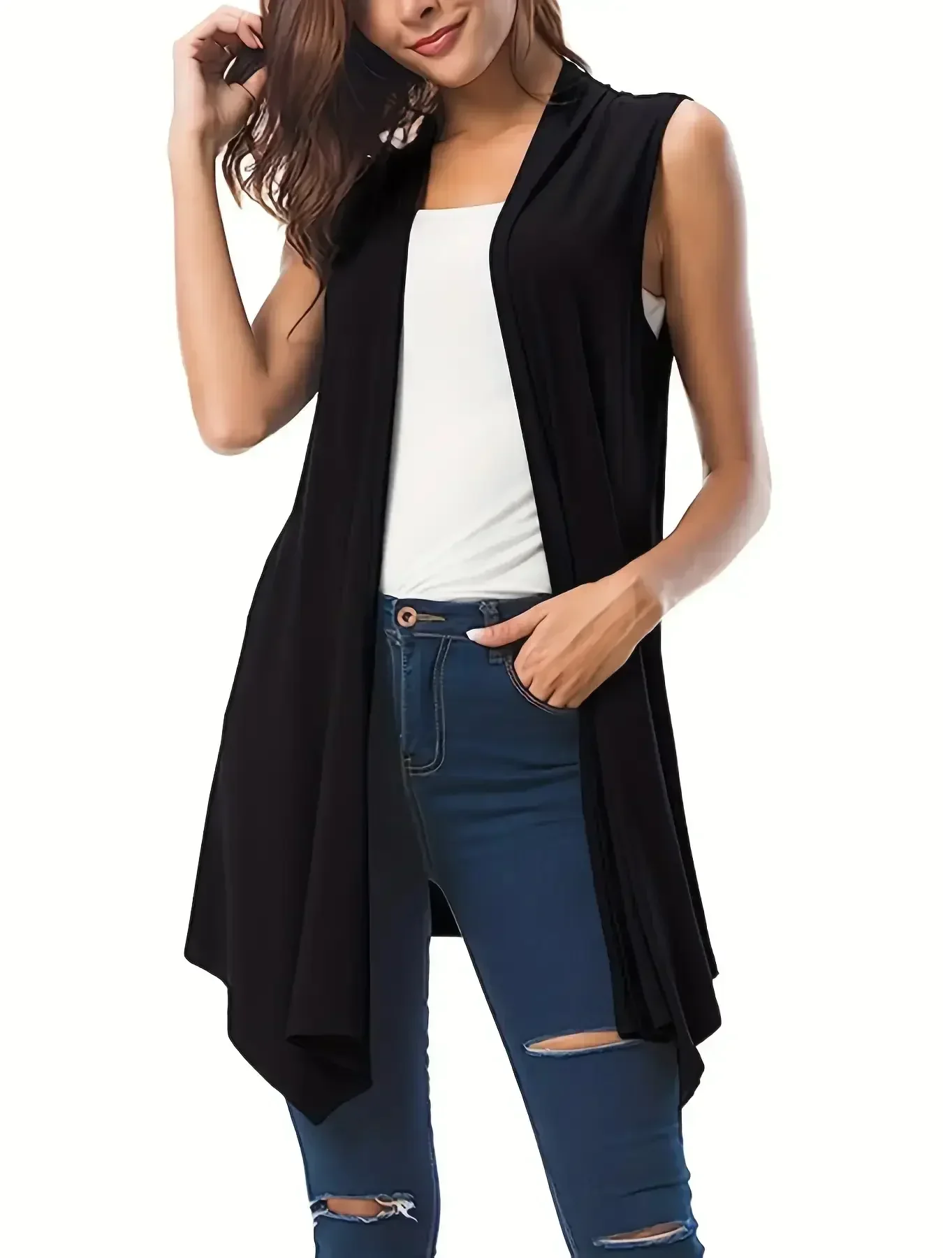 Cardigan sans manches pour femmes, grande taille 1XL-5XL, couleur unie, ourlet, polyvalent, décontracté, Simple, à la mode