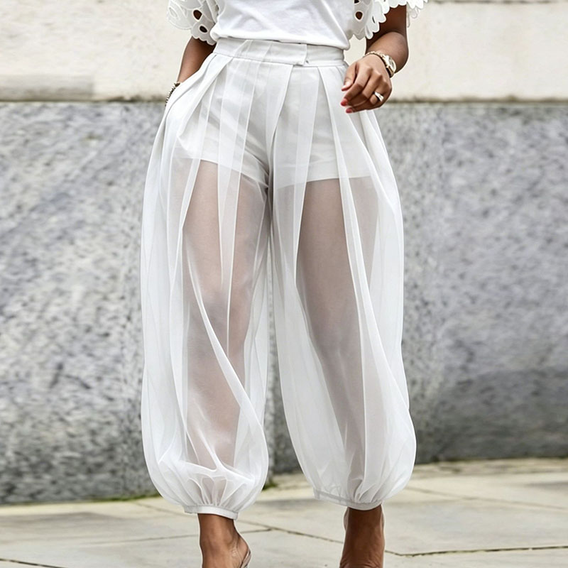 Pantalon de soirée bohème transparent pour femme, taille haute, uni, style harem, avec short intégré, bas élastiqué, coupe lanterne, idéal pour l'été