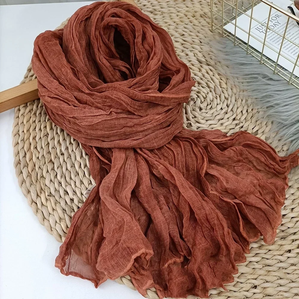 Écharpe en coton et lin, couleur unie, Texture littéraire féminine, longueur pliable, pâte frite fine, torsades ethniques, châles printemps automne hiver