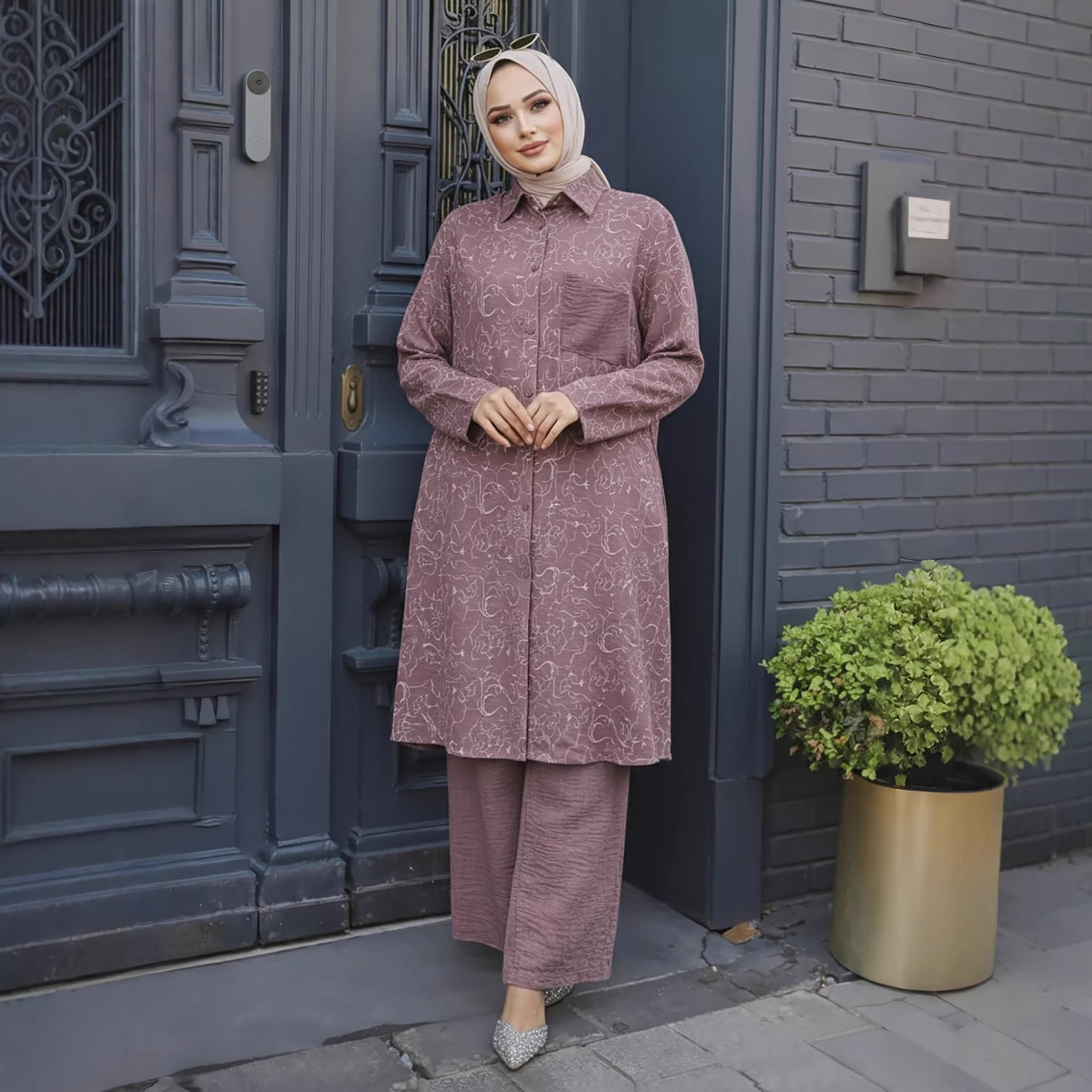 Ensemble de 2 pièces pour femmes pour l'Aïd, haut long, pantalon large, chemisier imprimé musulman, jalabiya, Ramadan, Dubaï, ensembles musulmans, longue tenue arabe
