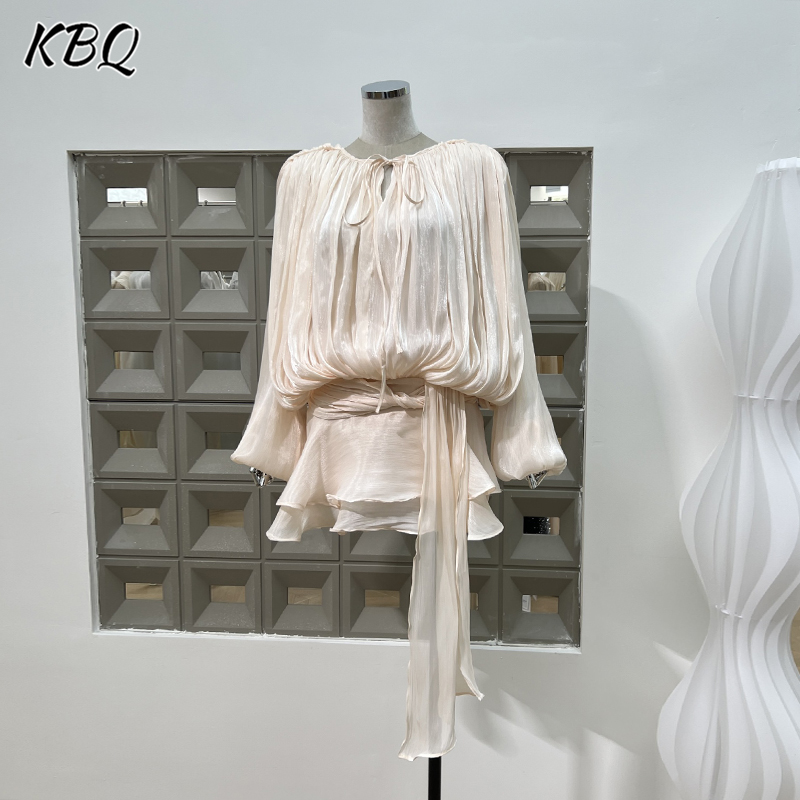 KBQ Solide Patchwork À Lacets Lâche Robes Pour Femmes O Cou À Manches Longues Taille Haute Épissé Plis Tempérament Robe Femme Mode