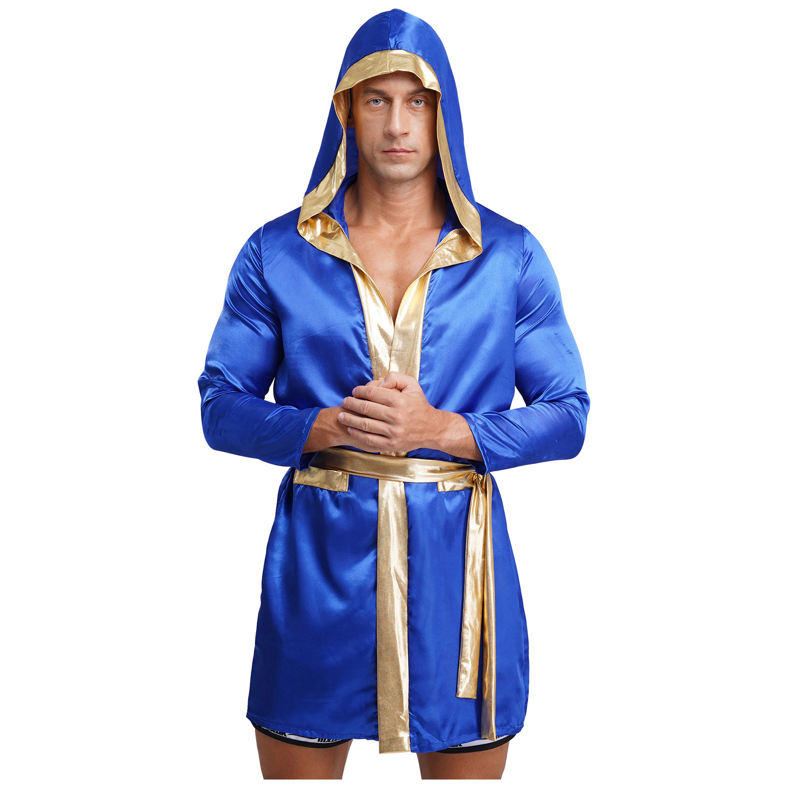 Robe de boxe pour hommes, Costume de carnaval d'halloween, Boxer, Cosplay, manches longues, ouvert sur le devant, cape à capuche en Satin métallique avec ceinture